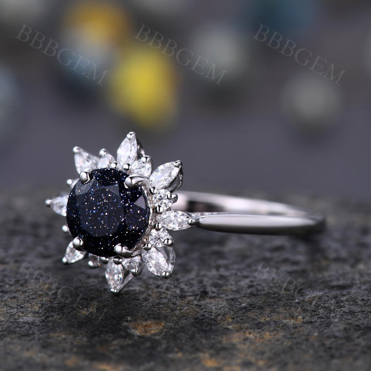 Blue Sandstone Engagement Ring White Gold-BBB Blue Sandstone Moissanite Ring