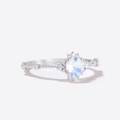 Dainty Blue Moonstone Engagement Ring Moissanite Deco Minimalist Ring