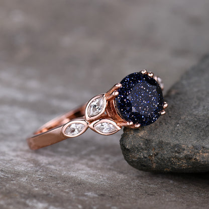 Rose Gold Blue Sandstone Moissanite-BBBGEM Blue Sandstone Ring