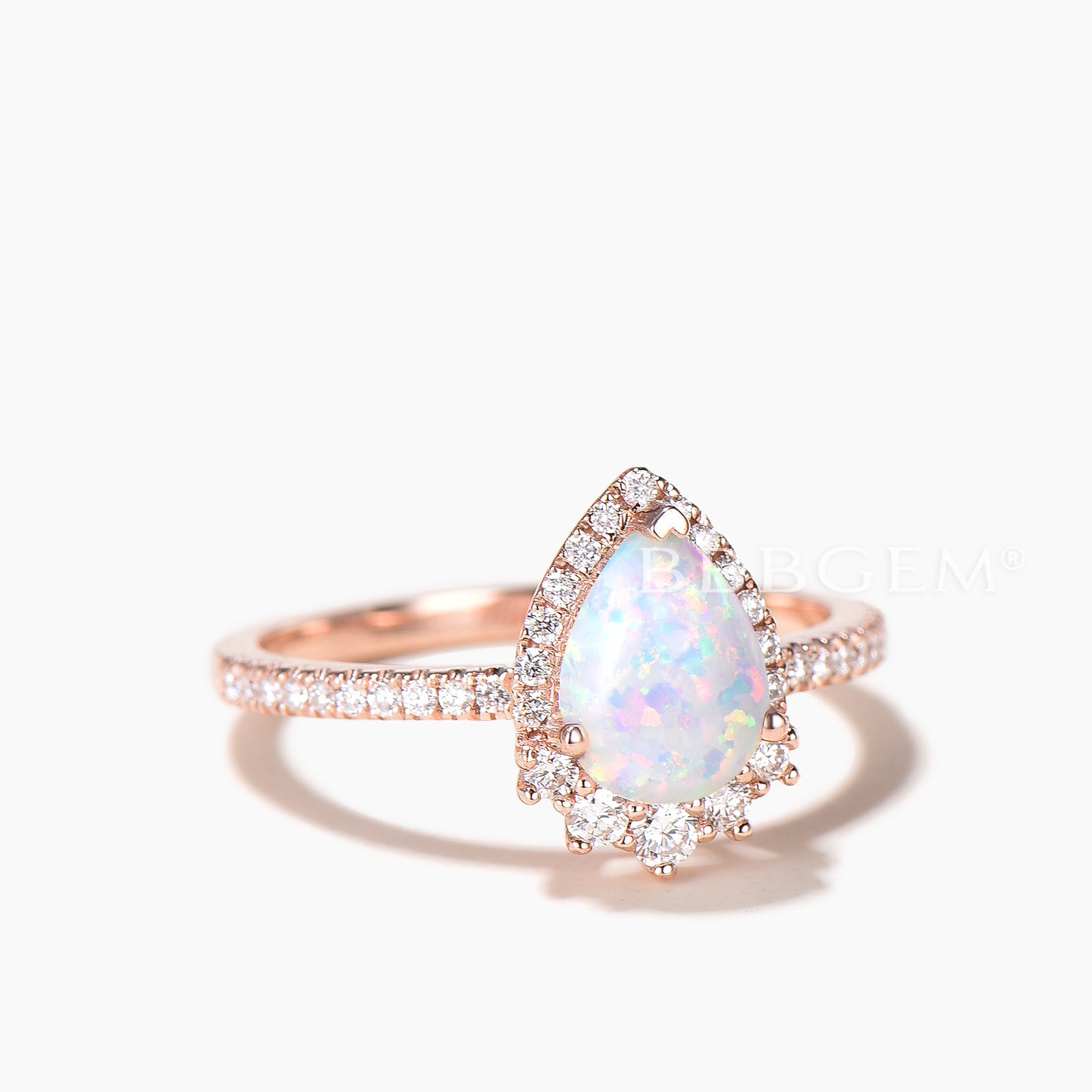 1.25CT Teardrop Cut White Opal Engagement Ring Diamond Halo Rose Gold Ring