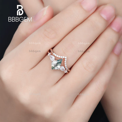 Women Geometric Green Moss Agate Ring Set Kite Lozenge Ring White Gold