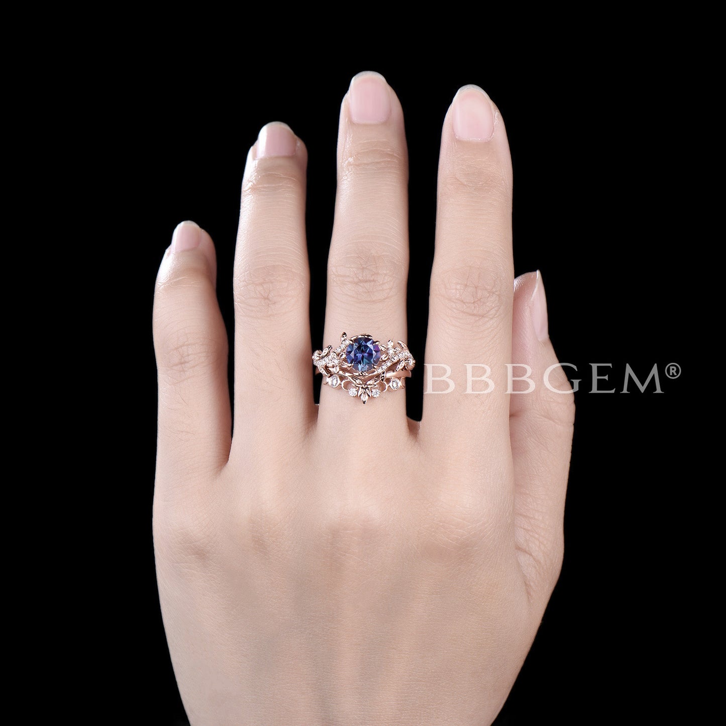 Round Alexandrite Floral Engagement Ring Rose Gold Flower Ring