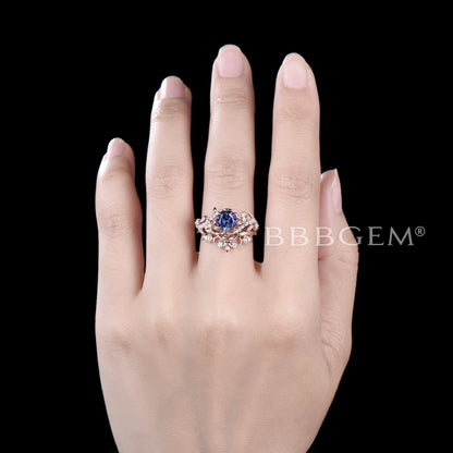 Round Alexandrite Floral Engagement Ring Rose Gold Flower Ring