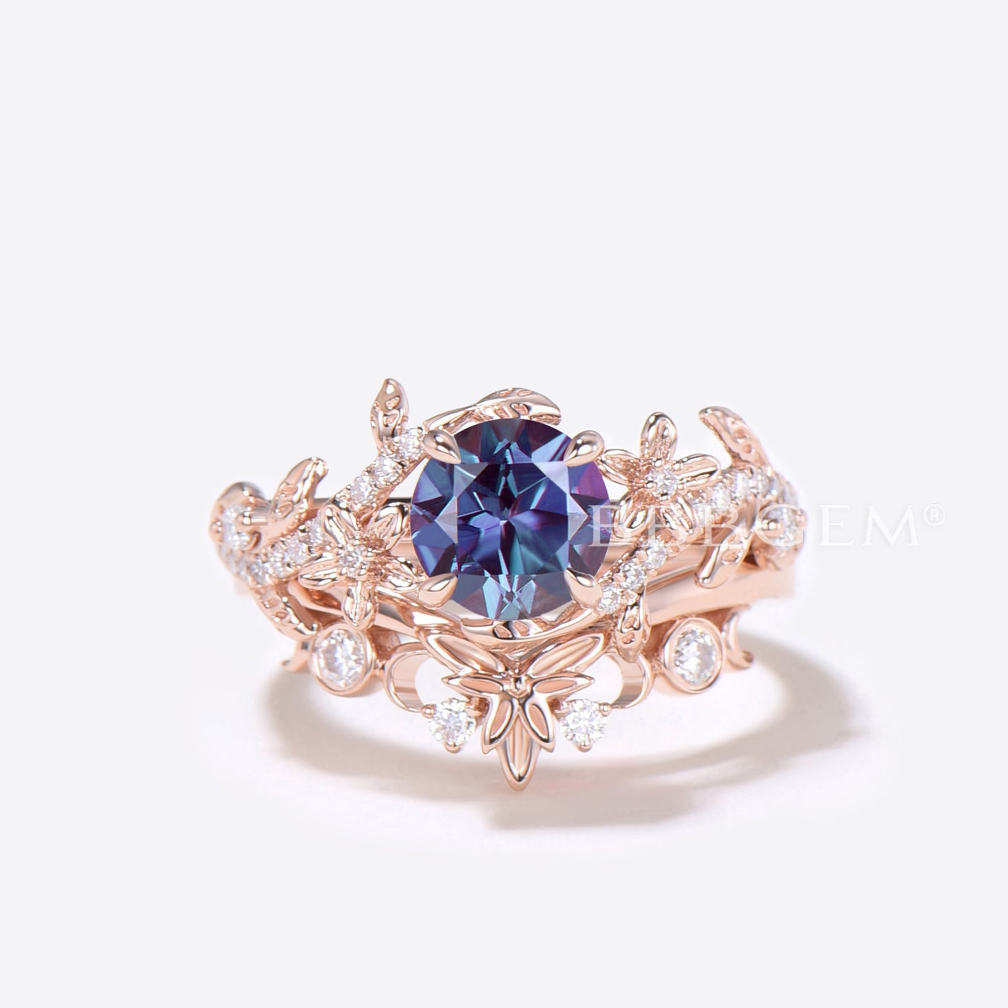 Round Alexandrite Floral Engagement Ring Rose Gold Flower Ring