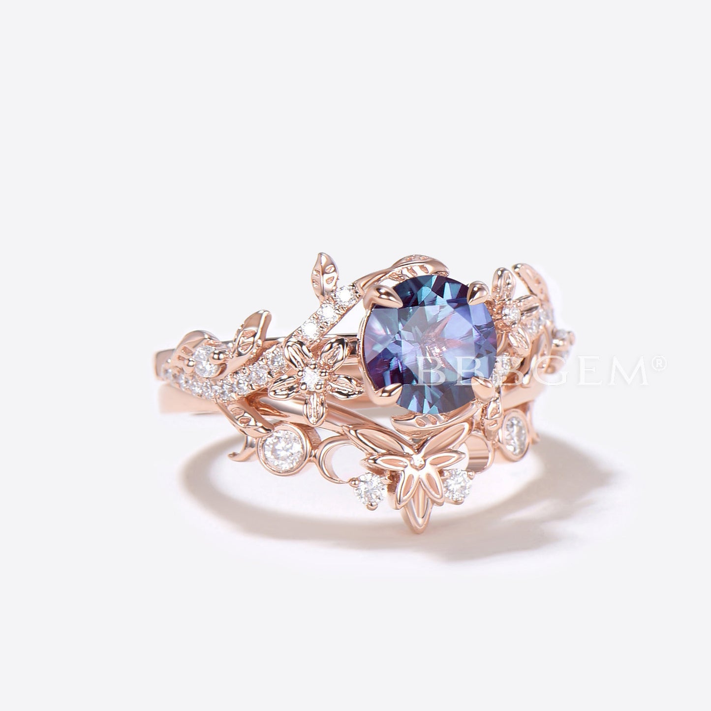 Round Alexandrite Floral Engagement Ring Rose Gold Flower Ring