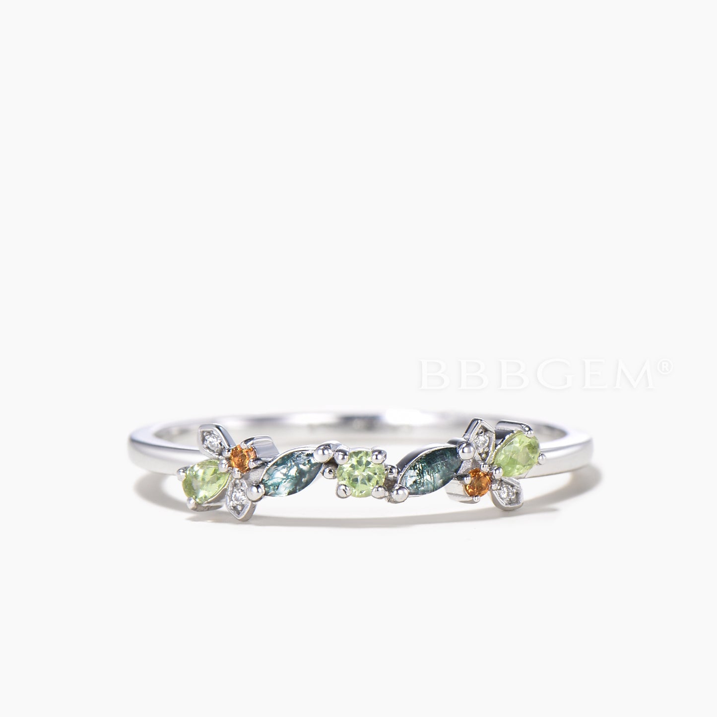 Multi-gems Cluster Firefly Wedding Ring Natural Moss Agate Peridot Stacking Ring
