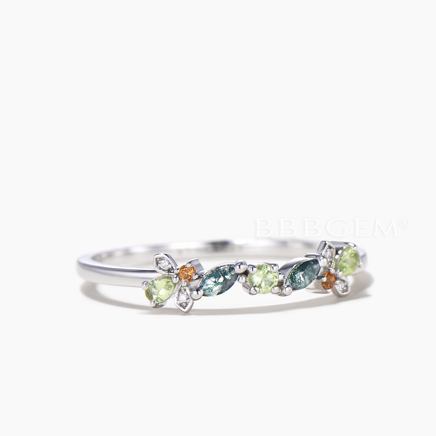 Multi-gems Cluster Firefly Wedding Ring Natural Moss Agate Peridot Stacking Ring