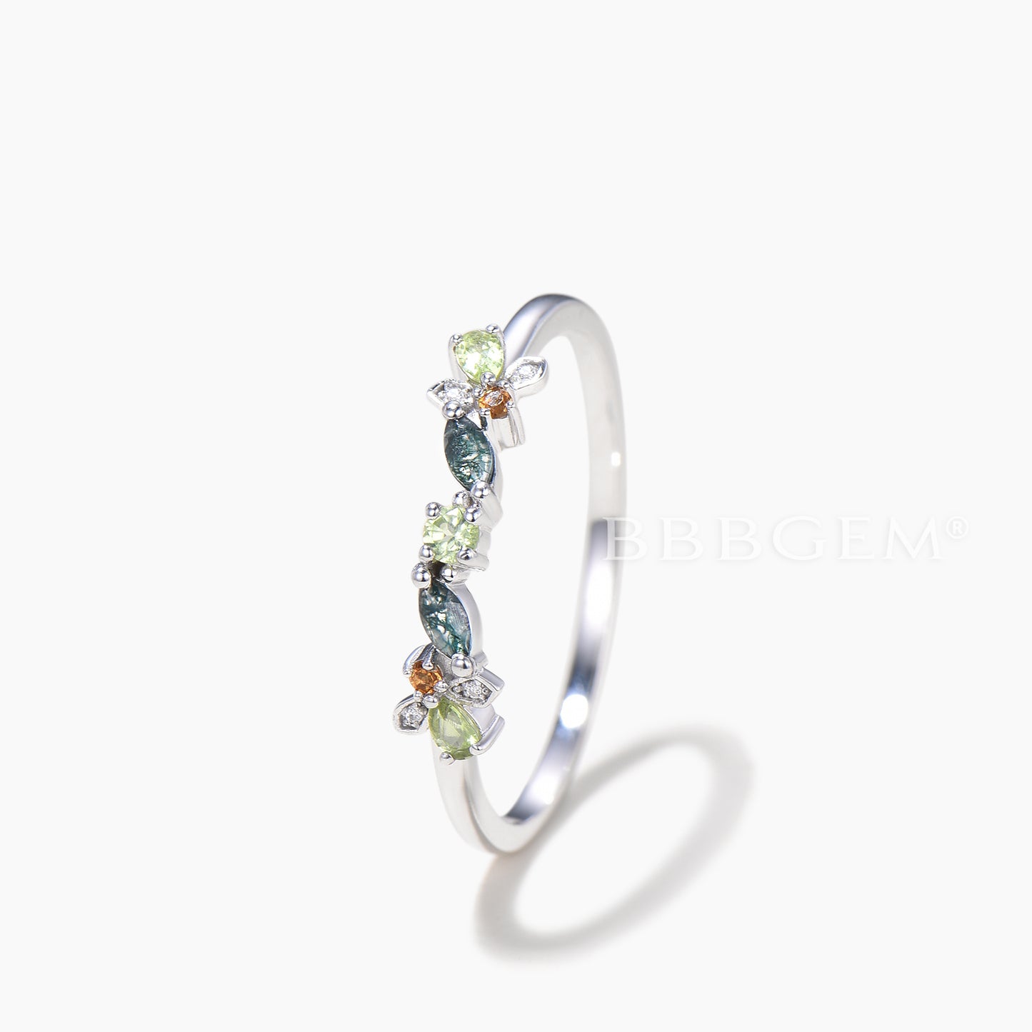 Multi-gems Cluster Firefly Wedding Ring Natural Moss Agate Peridot Stacking Ring