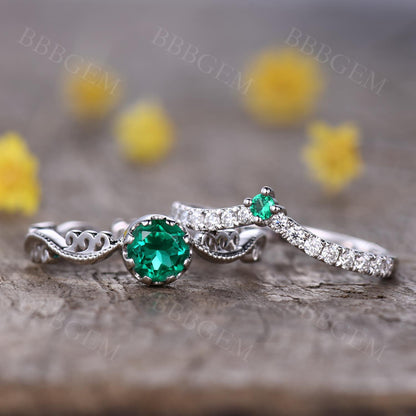 Round Cut Engagement Ring With Wedding Band-BBBGEM Emerald Engagement Rings