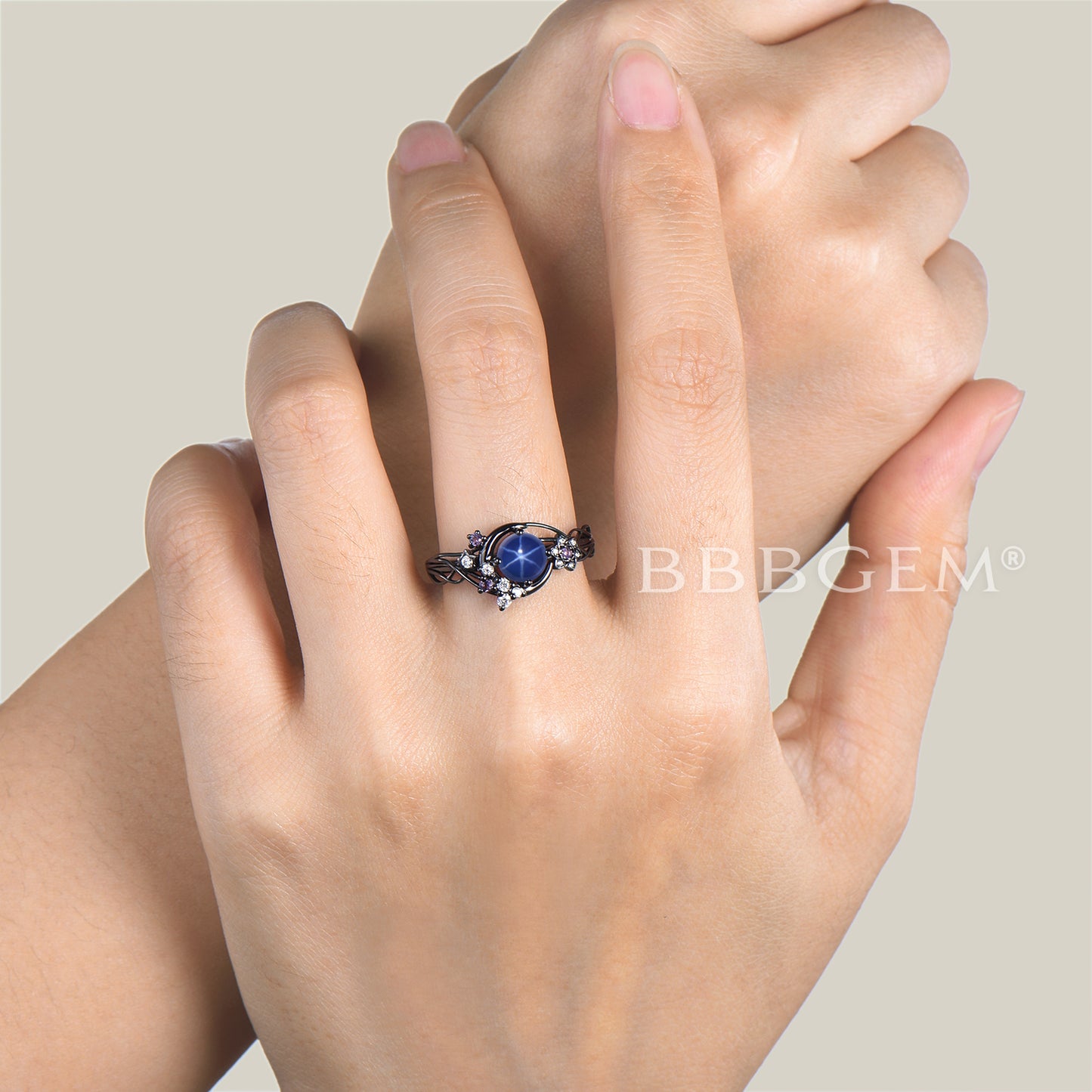 Round Cut Star Blue Sapphire Black Gold Moon Ring Amethyst Diamond Twisted Ring