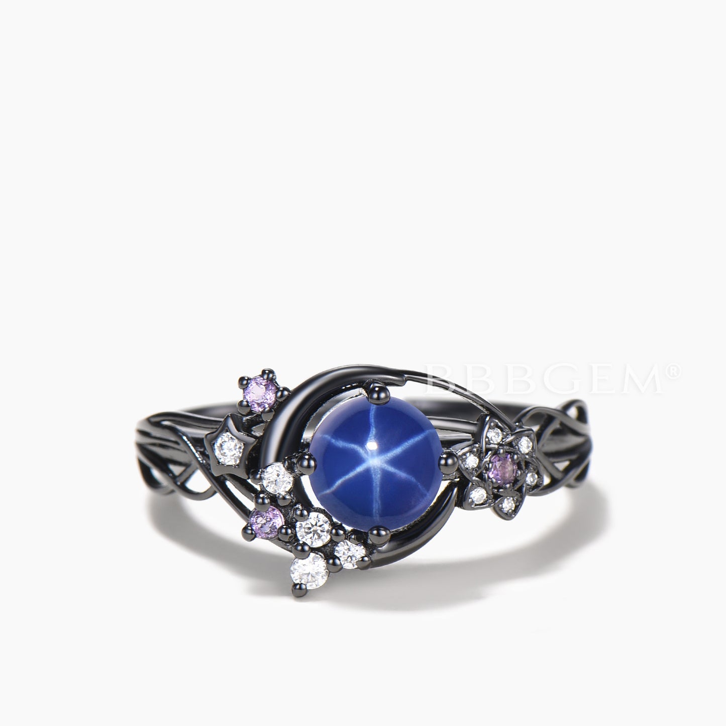 Round Cut Star Blue Sapphire Black Gold Moon Ring Amethyst Diamond Twisted Ring