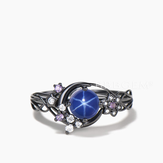 Round Cut Star Blue Sapphire Black Gold Moon Ring Amethyst Diamond Twisted Ring