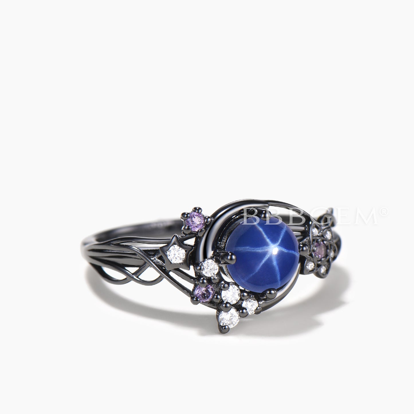 Round Cut Star Blue Sapphire Black Gold Moon Ring Amethyst Diamond Twisted Ring
