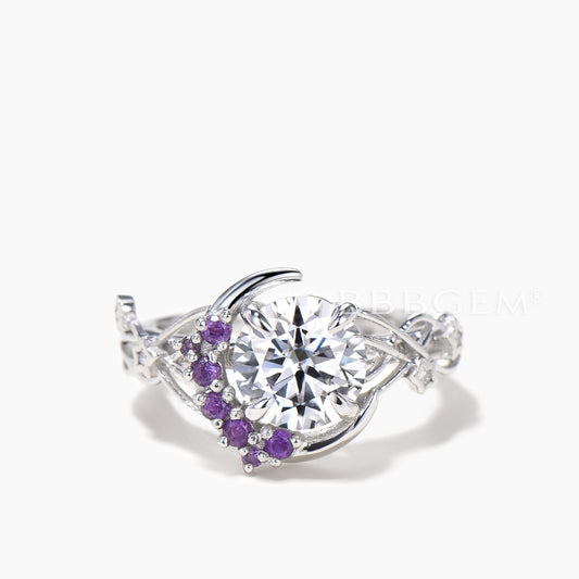 Round Cut IGI Certificate Lab Grown Diamond Moon Ring Amethyst Moissanite Twisted Ring