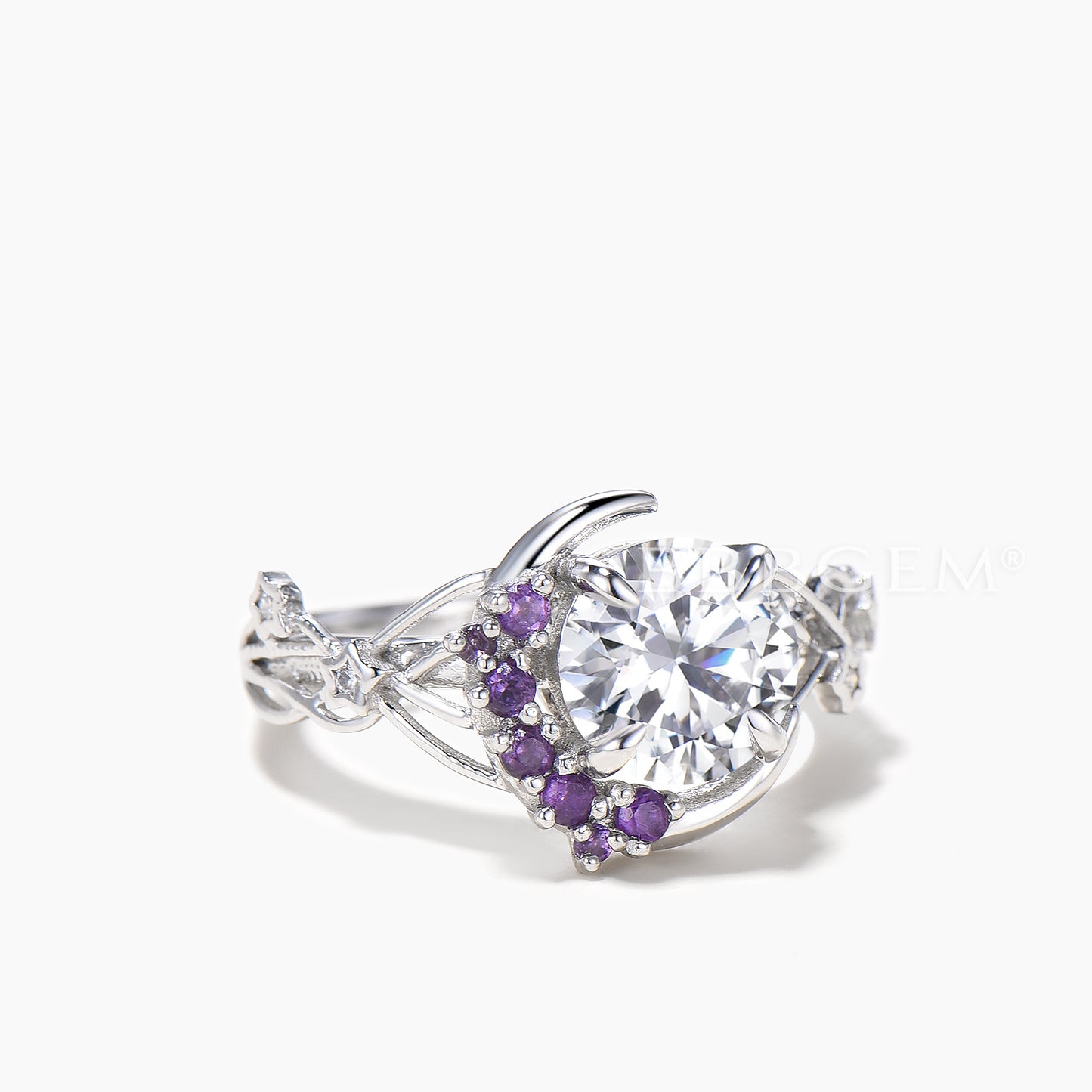 Round Cut IGI Certificate Lab Grown Diamond Moon Ring Amethyst Moissanite Twisted Ring