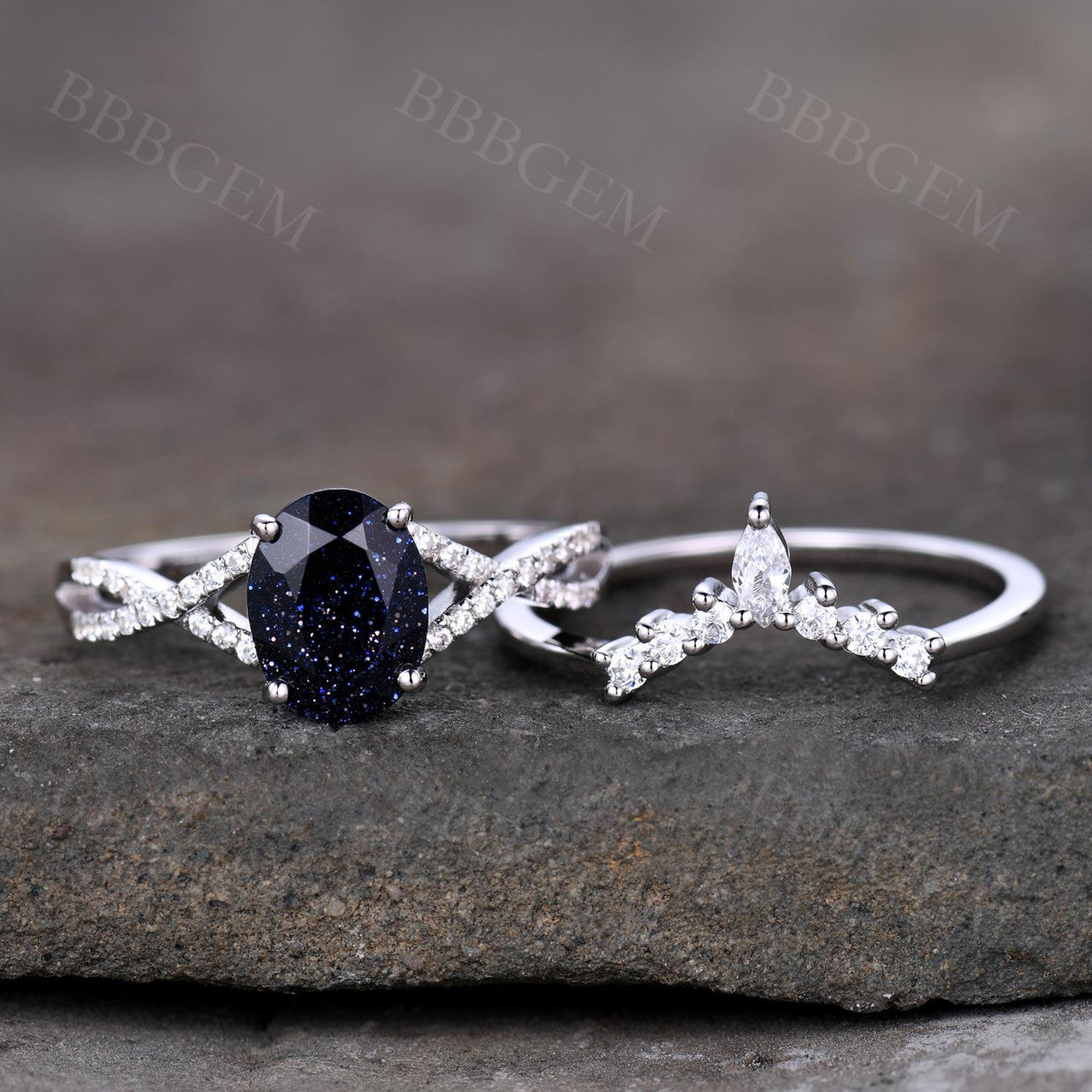 Oval Cut Blue Sandstone Moissanite Ring Set -BBBGEM Blue Sandstone Engagement Ring