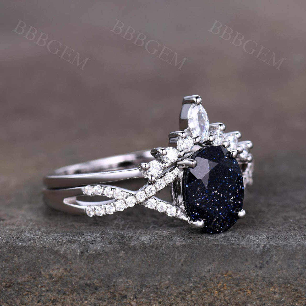 White Gold Ring Set-BBBGEM Blue Sandstone Engagement Ring