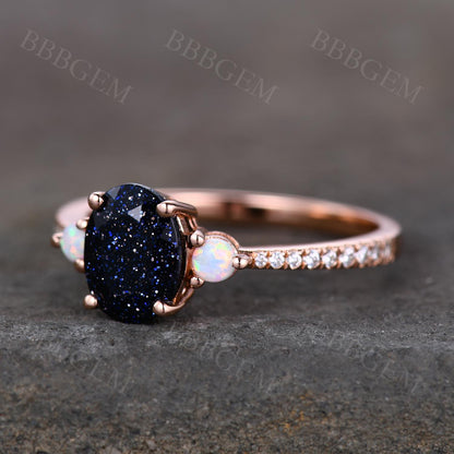 Oval Cut Blue Sand Stone Opal Wedding Ring-BBBGEM Rose Gold Blue Sandstone Ring