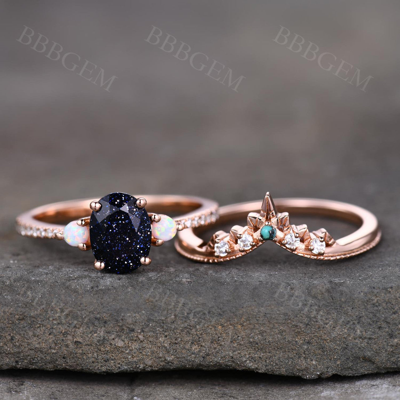 2pcs Blue Sandstone Diamond Ring - BBBGEM Blue Sandstone Bridal Set