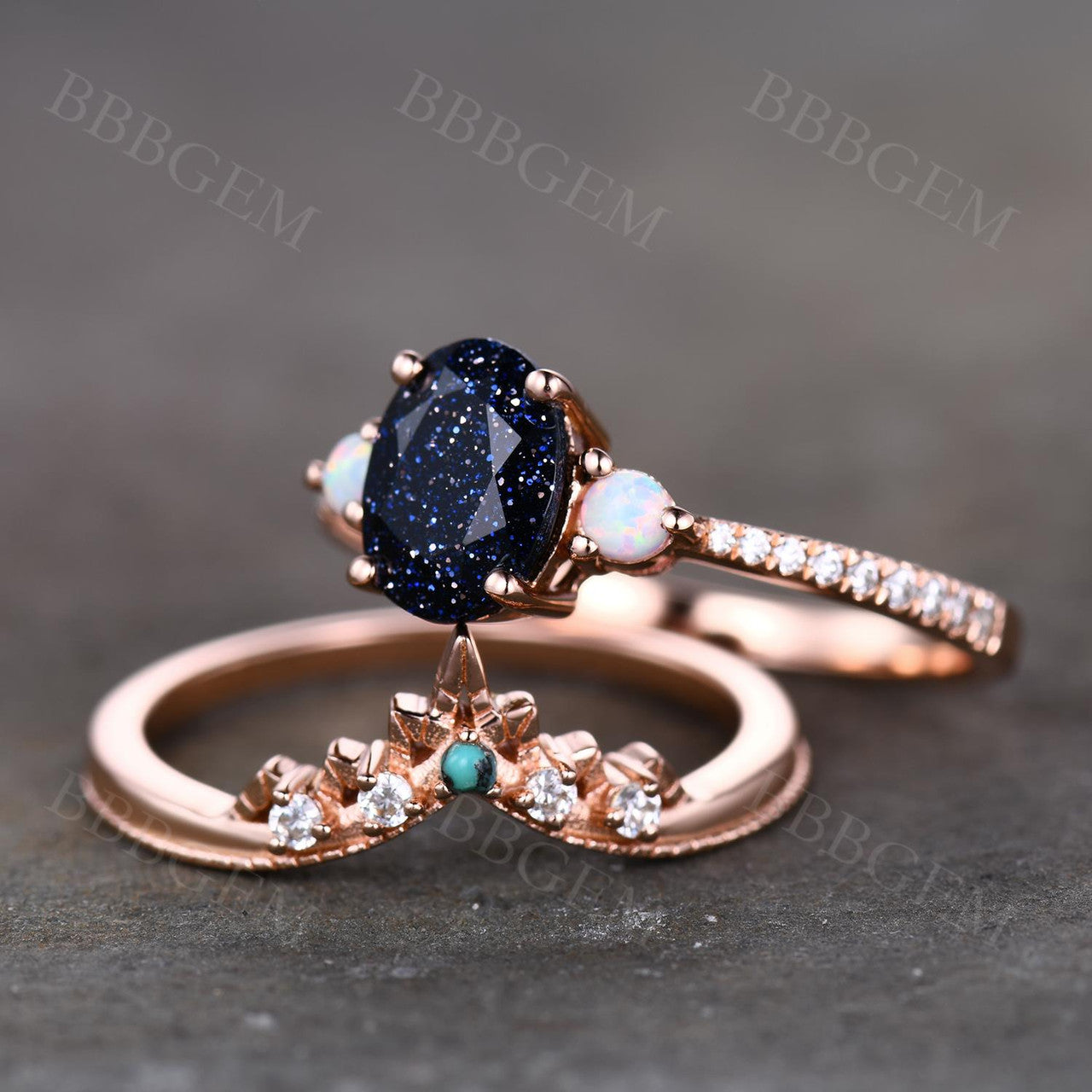 Blue Sandstone Wedding Ring - BBBGEM Blue Sandstone Bridal Set