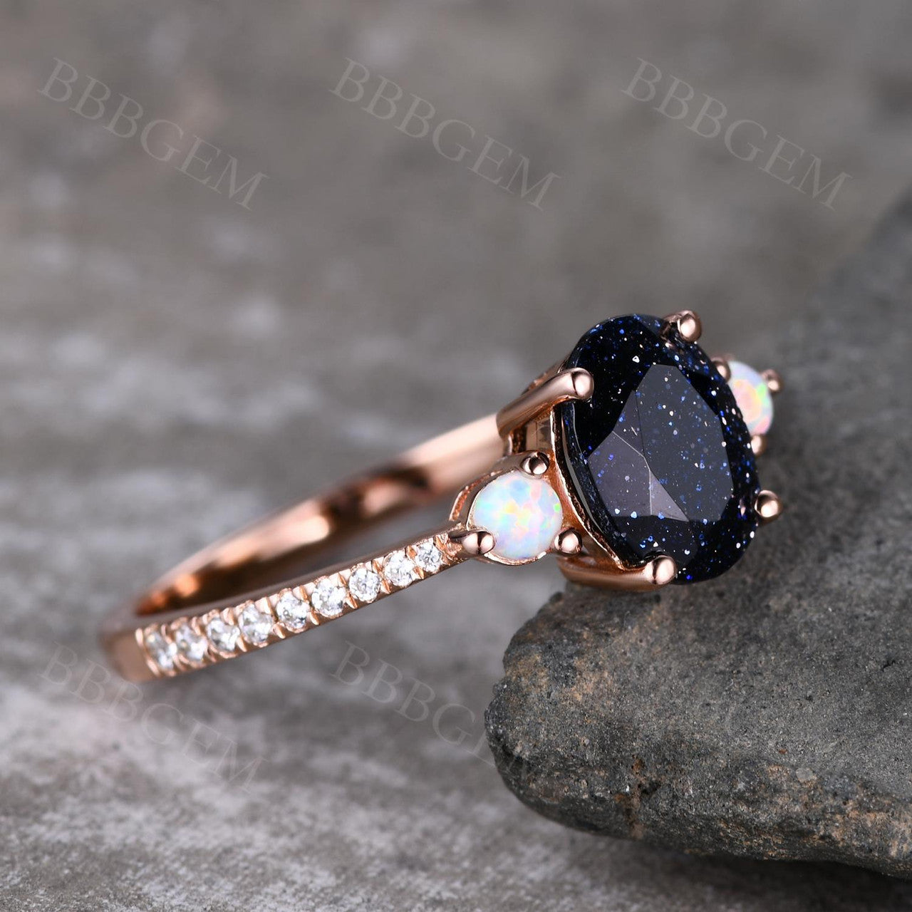 Half Eternity Diamond Wedding Band-BBBGEM Rose Gold Blue Sandstone Ring