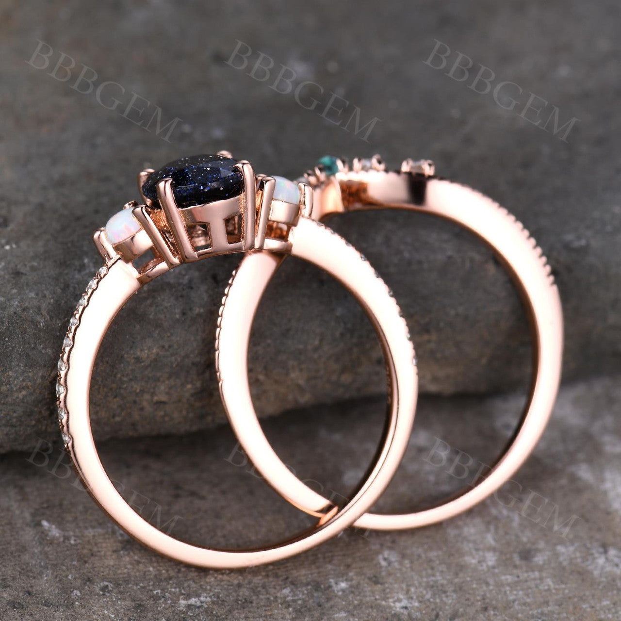 Rose Gold Blue Sandstone Engagement Ring - BBBGEM Blue Sandstone Bridal Set