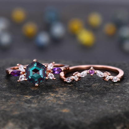 Art deco alexandrite engagement ring set- bbbgem Art deco alexandrite engagement ring set