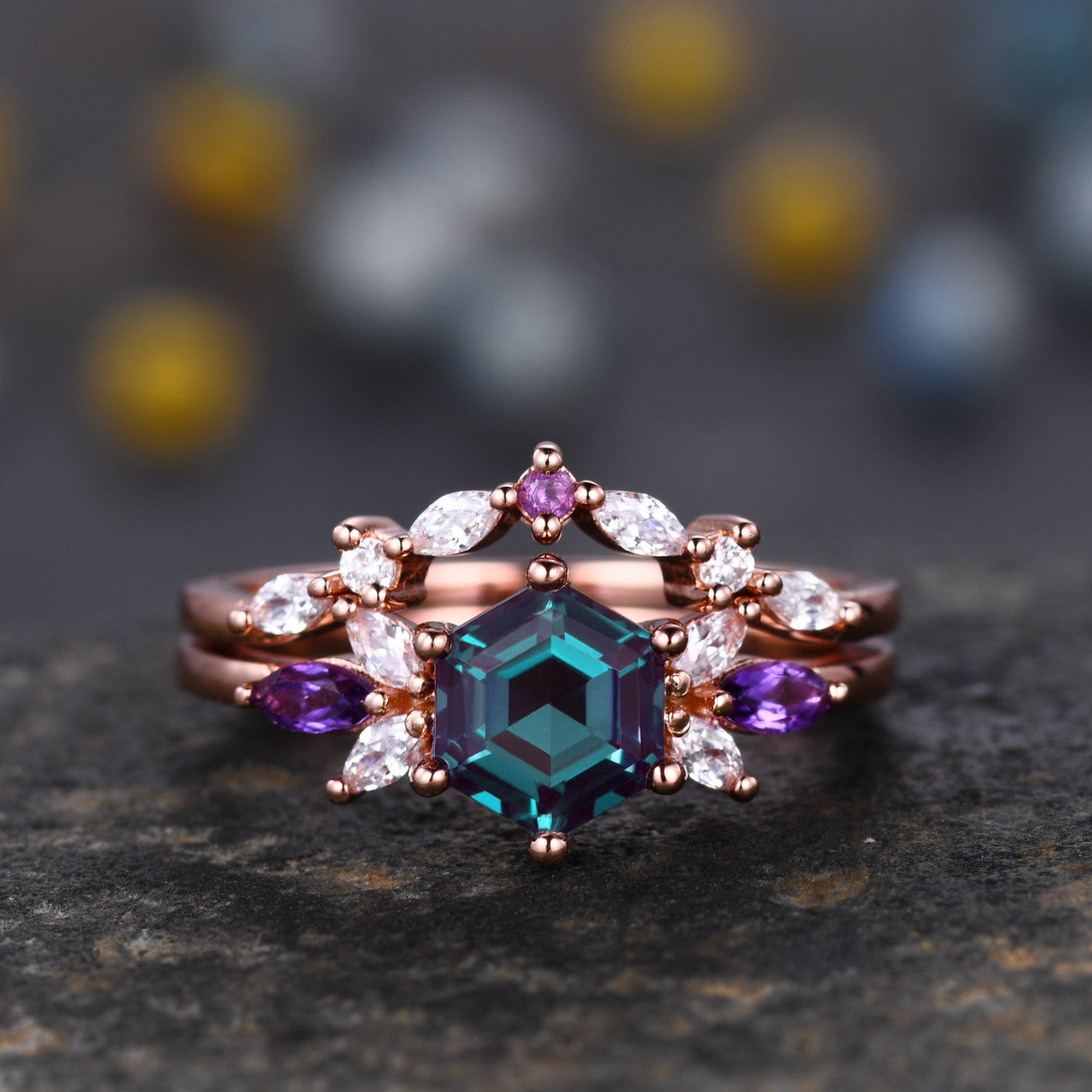 Art deco alexandrite engagement ring set- bbbgem Art deco alexandrite engagement ring set