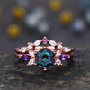 Vintage Alexandrite Engagement Ring Set Moissanite Amethyst Matching Band June Birthstone