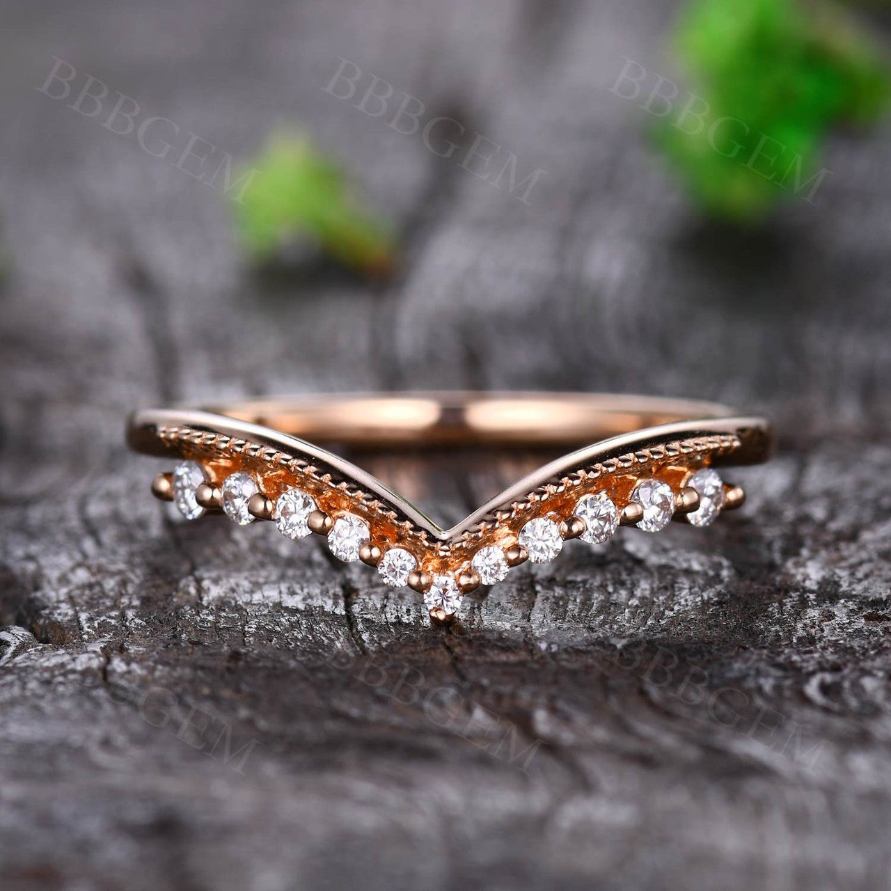 Curved V Moissanite Wedding Band Rose Gold Art Deco Matching Band Moissanite Ring