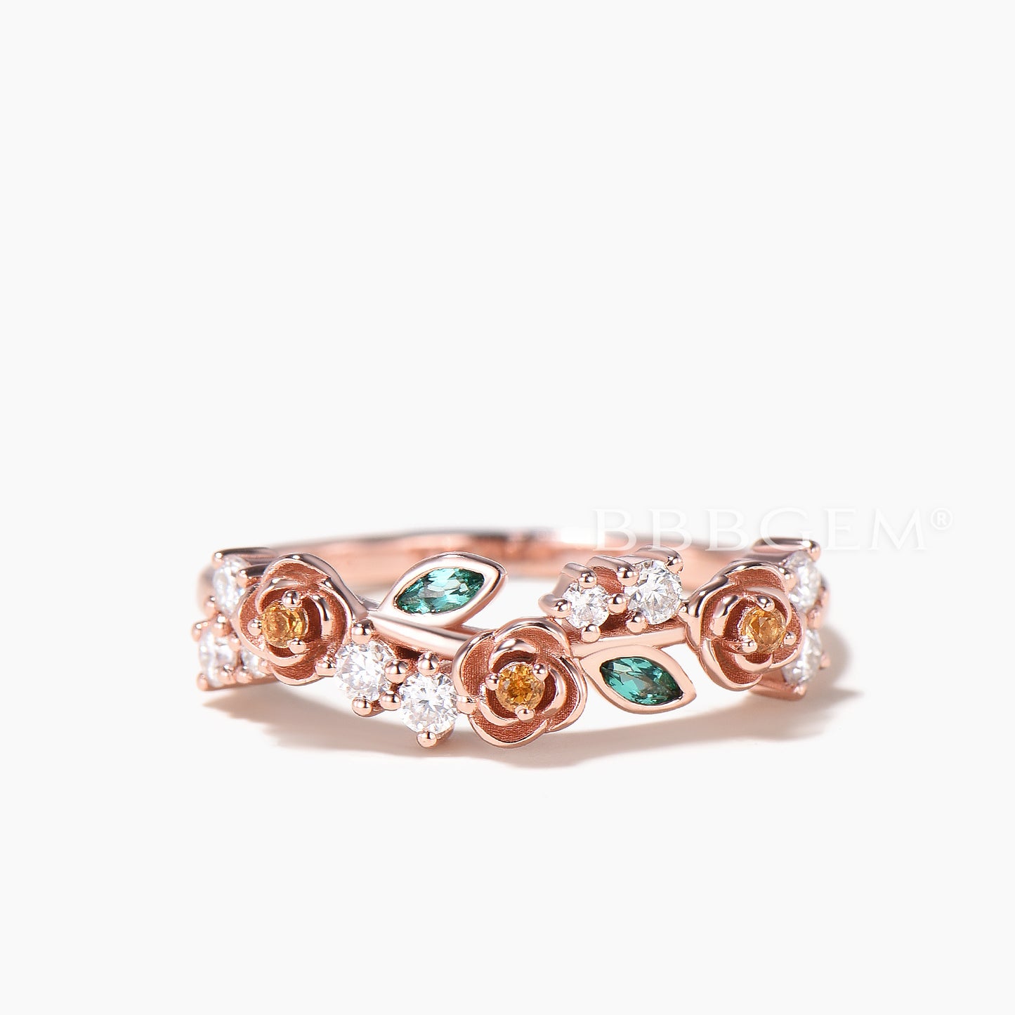 Multi Stone Flower Wedding Ring Citrine Diamond Emerald Nature Inspired Band