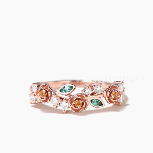 Multi Stone Flower Wedding Ring Citrine Diamond Emerald Nature Inspired Band
