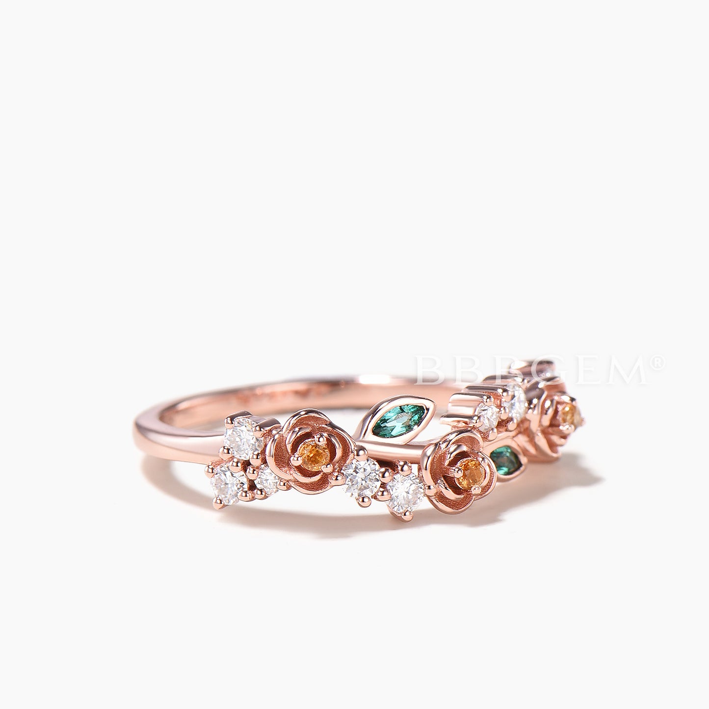 Multi Stone Flower Wedding Ring Citrine Diamond Emerald Nature Inspired Band