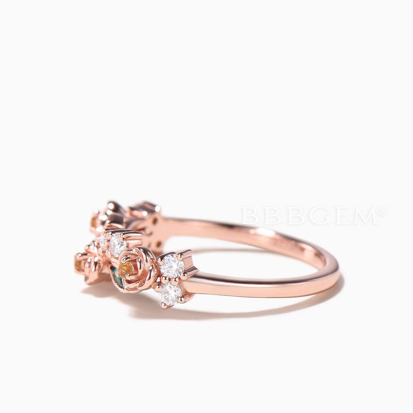 Multi Stone Flower Wedding Ring Citrine Diamond Emerald Nature Inspired Band