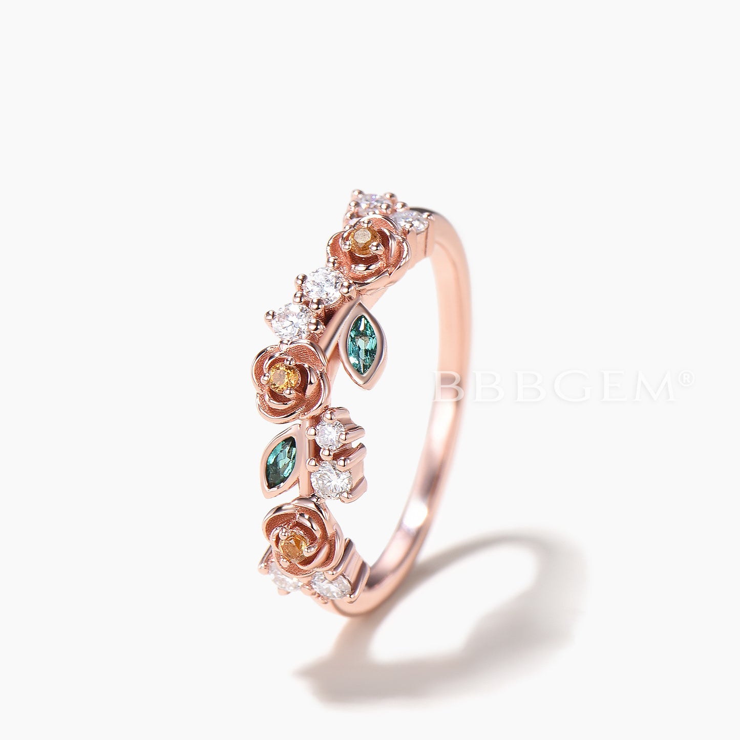 Multi Stone Flower Wedding Ring Citrine Diamond Emerald Nature Inspired Band