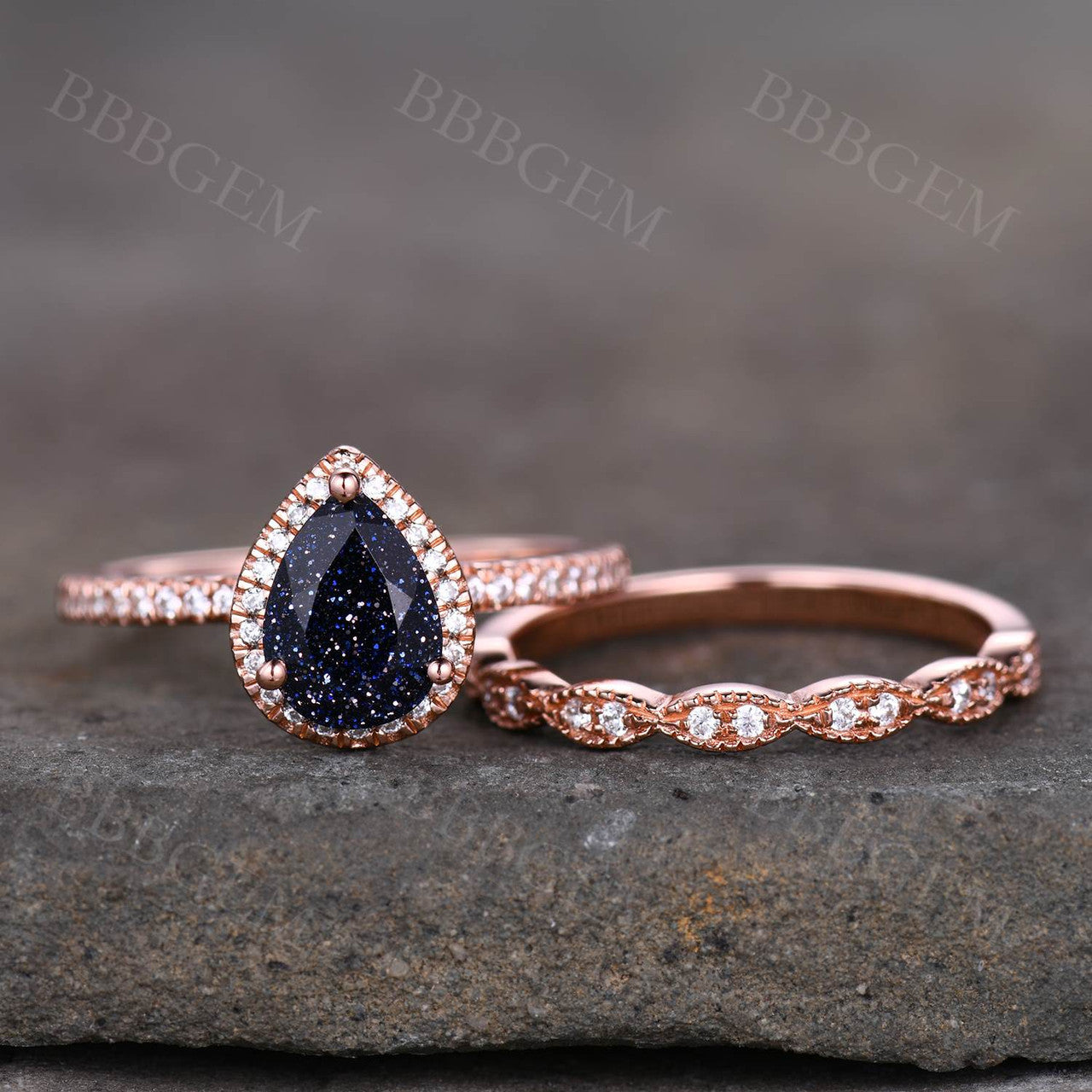 Rose Gold Blue Sandstone Diamond Wedding Ring-BBBGEM Blue Sandstone Engagement Ring