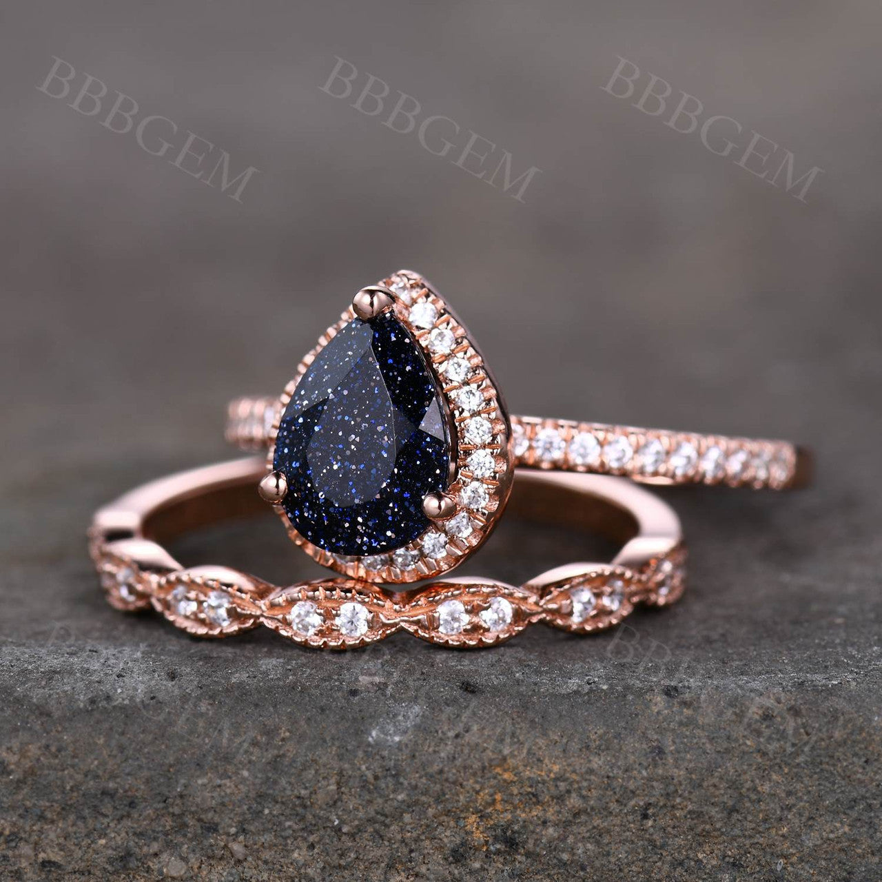 Diamond Halo Ring-BBBGEM Blue Sandstone Engagement Ring