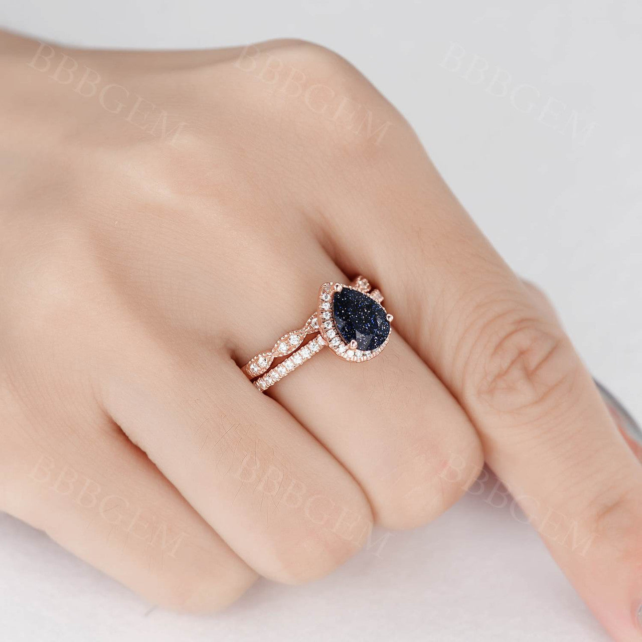 Pear Cut Blue Sandstone Diamond Ring Set-BBBGEM Blue Sandstone Engagement Ring