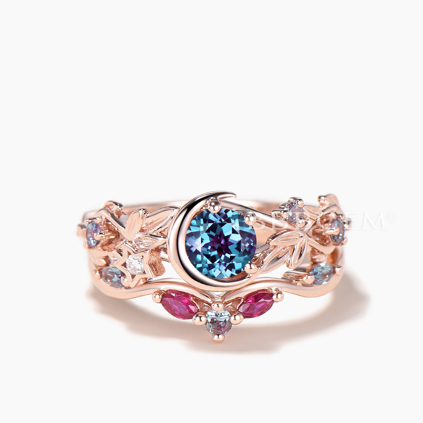 Round Cut Color-change Alexandrite Moon Twisted Ring Ruby Band Bridal Set