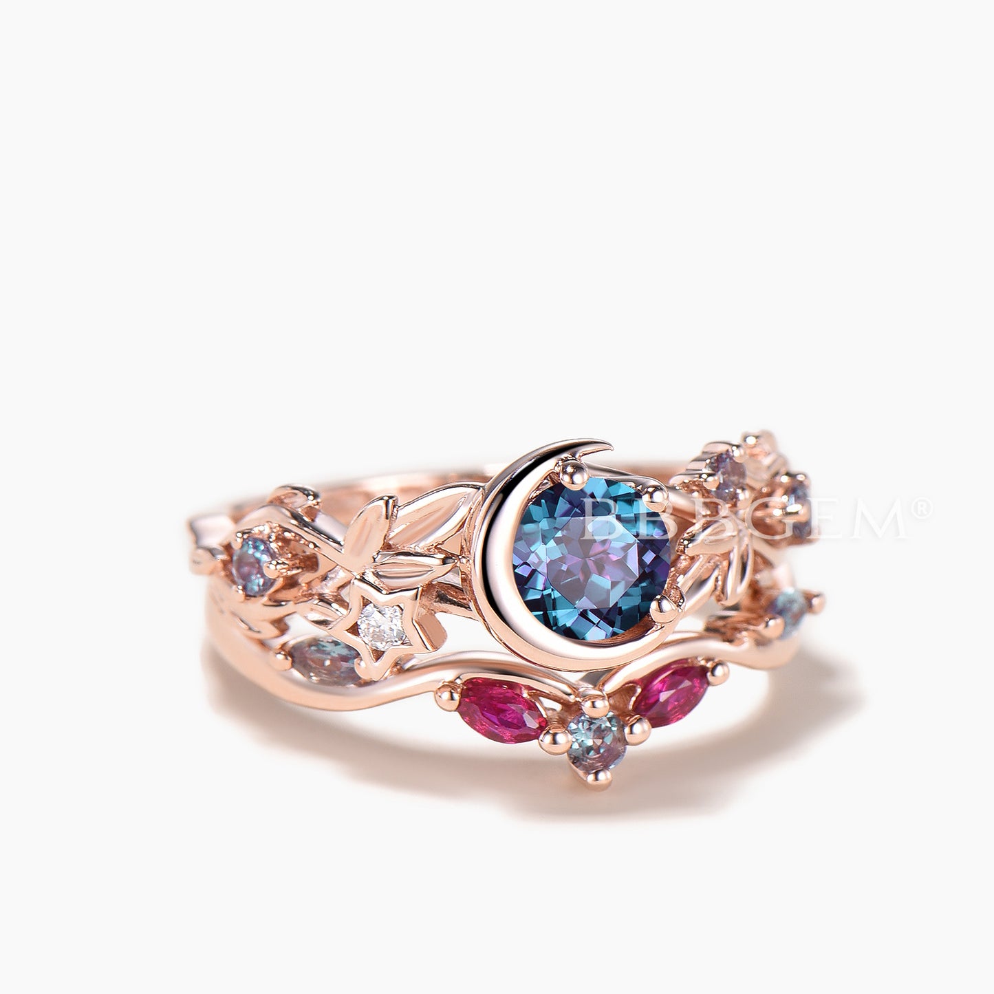 Round Cut Color-change Alexandrite Moon Twisted Ring Ruby Band Bridal Set