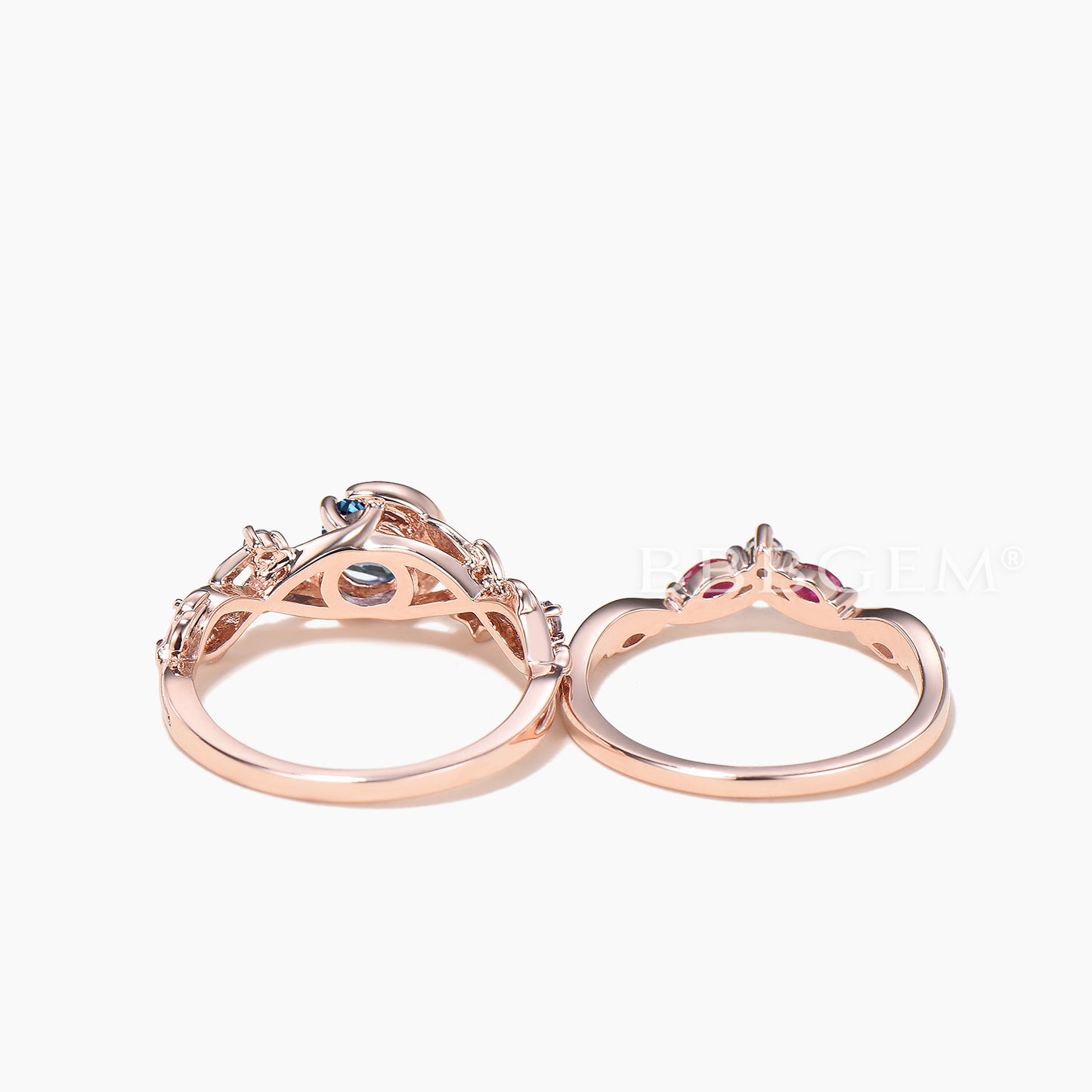 Round Cut Color-change Alexandrite Moon Twisted Ring Ruby Band Bridal Set