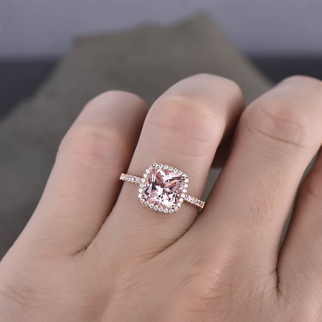 Morganite halo engagement ring-BBBGEM Cushion Cut Morganite Rings