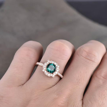 Emerald Moissanite Halo Engagement Ring