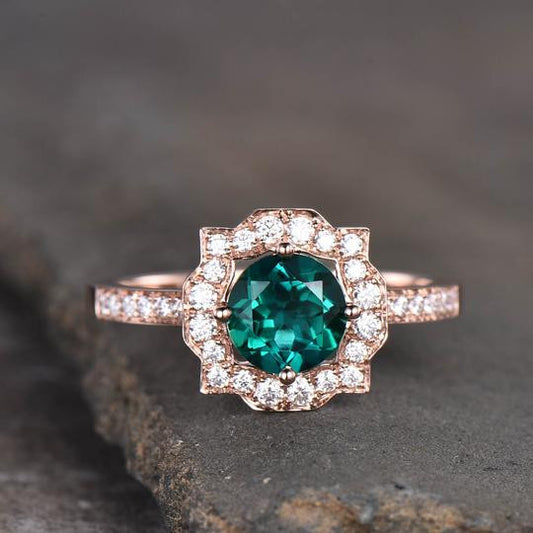 Emerald Moissanite Halo Engagement Ring