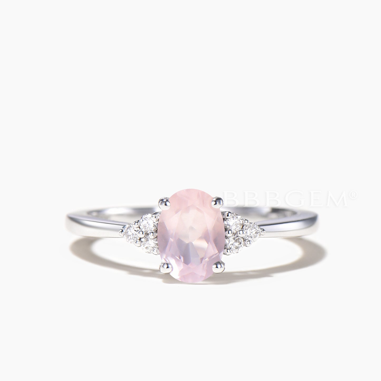 Dainty Rose Gold Rose Quartz Engagement Ring Diamond Ring Plain Gold Band