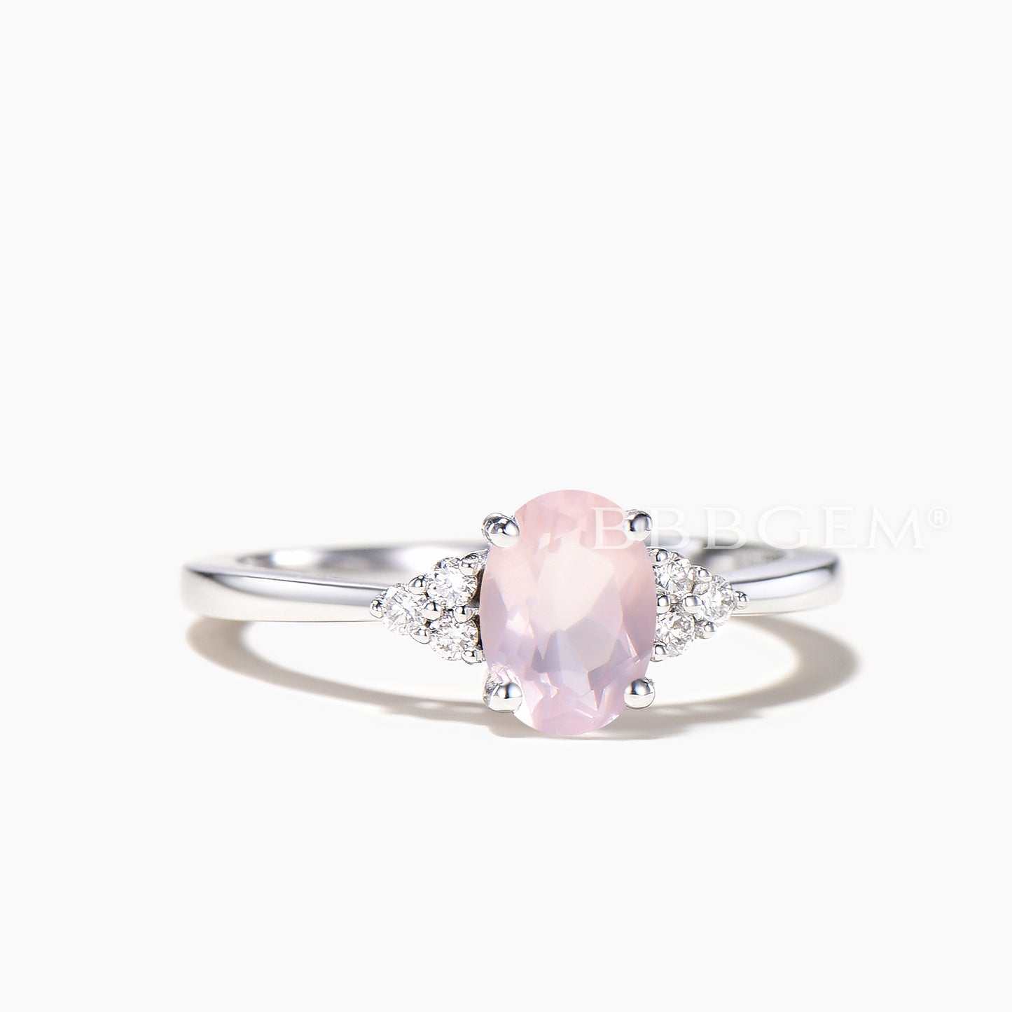 Dainty Rose Gold Rose Quartz Engagement Ring Diamond Ring Plain Gold Band
