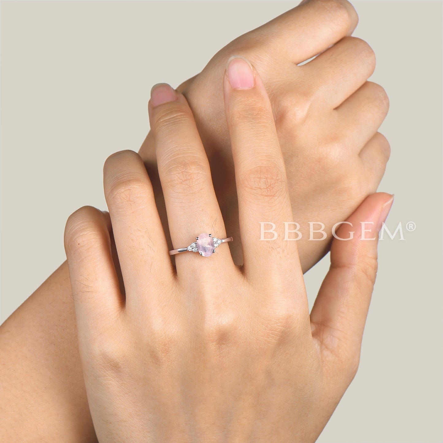 Dainty Rose Gold Rose Quartz Engagement Ring Diamond Ring Plain Gold Band