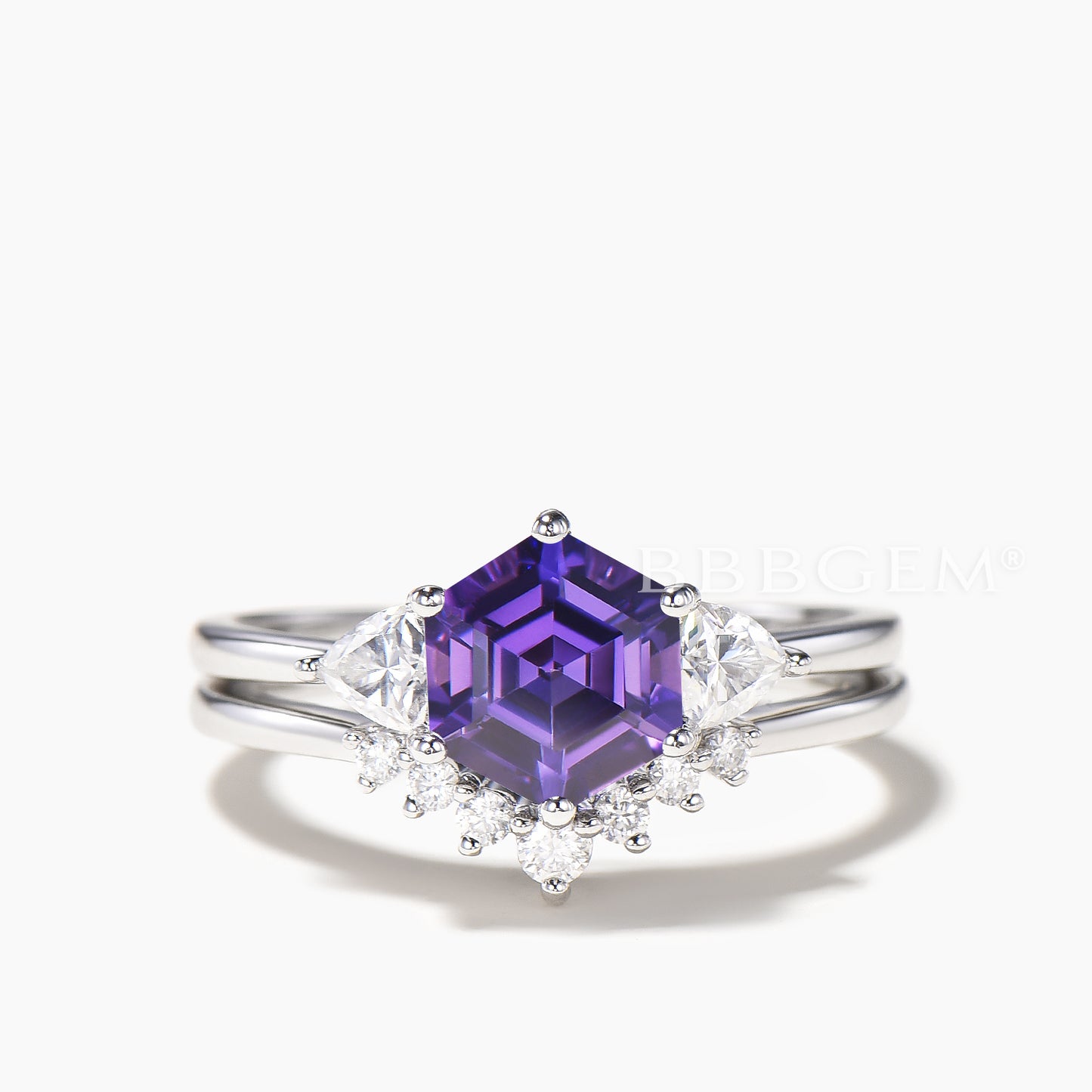 Hexagon Cut Purple Sapphire Engagement Ring Trillion Moissanite Ring Set
