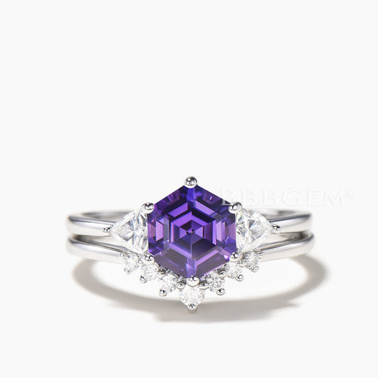 Hexagon Cut Purple Sapphire Engagement Ring Trillion Moissanite Ring Set