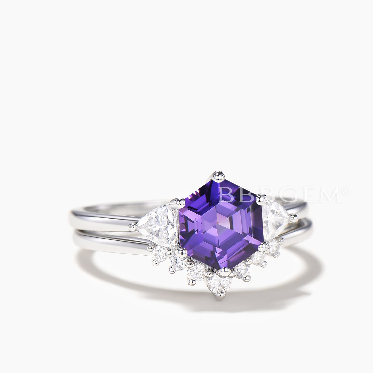 Hexagon Cut Purple Sapphire Engagement Ring Trillion Moissanite Ring Set